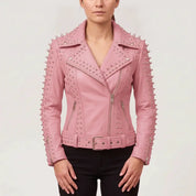 Women's Pink Studded Leather Biker Jacket — Acreley
