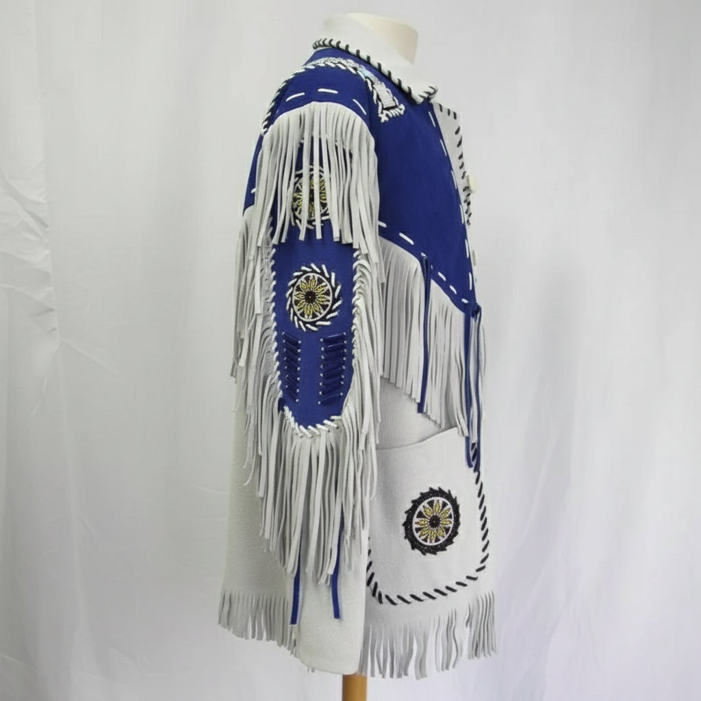 Handmade Men Western Leather Jacket Wear Fringes Beads Native American Cowboy Coat