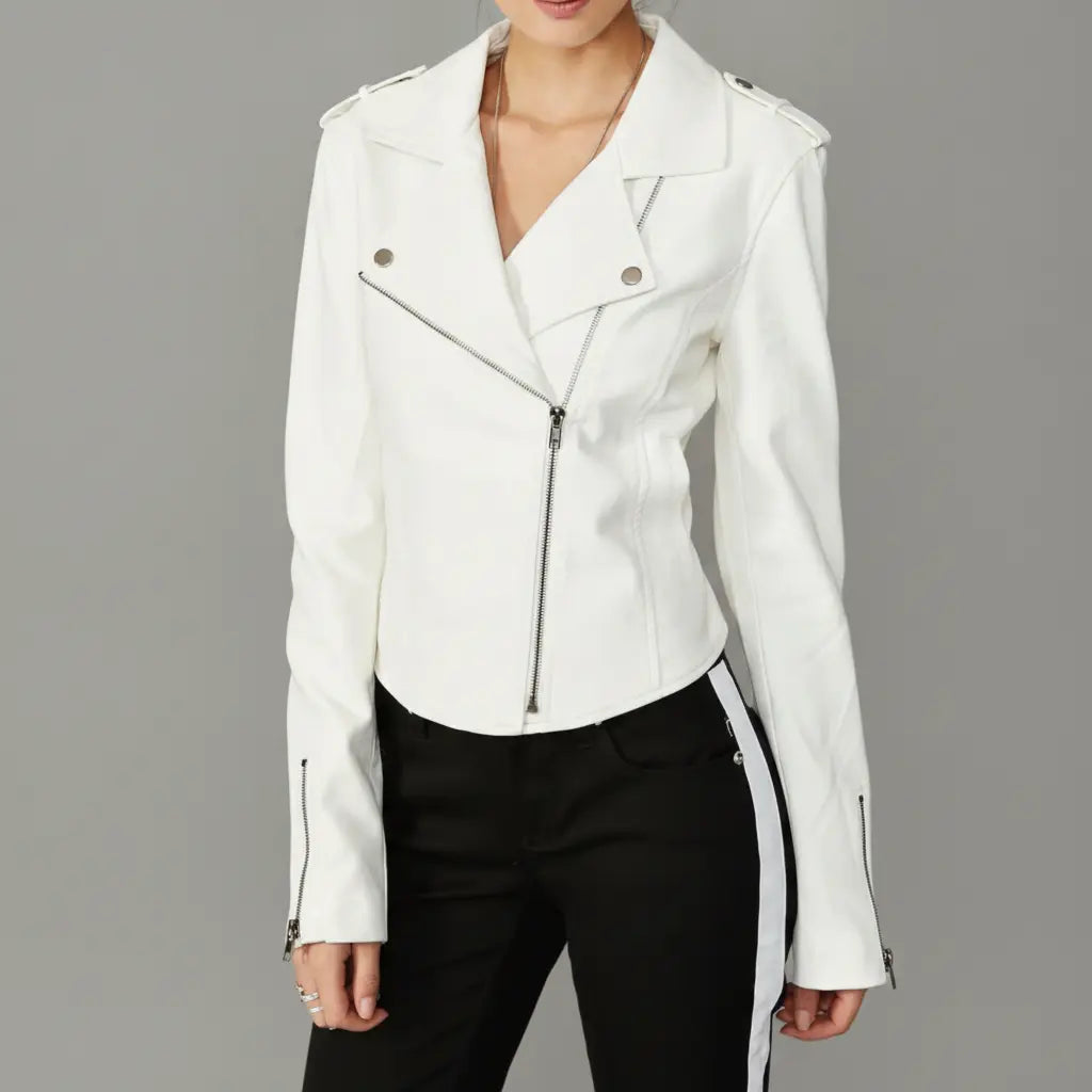 Women's White Faux Leather Biker Jacket — Abberdale