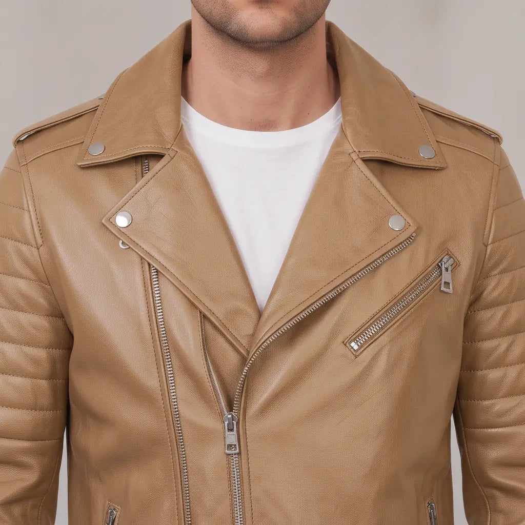 Men's Tan Leather Biker Jacket — Bickley