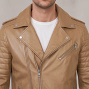 Men's Tan Leather Biker Jacket — Bickley