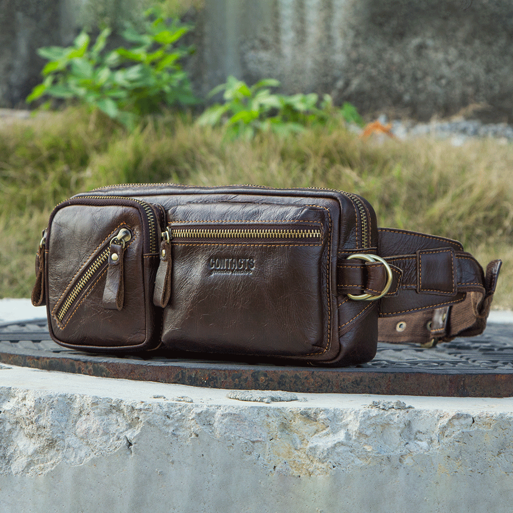Men’s Full-Grain Leather Belt Bag, Crossbody Fanny Pack with Antique Bronze Hardware