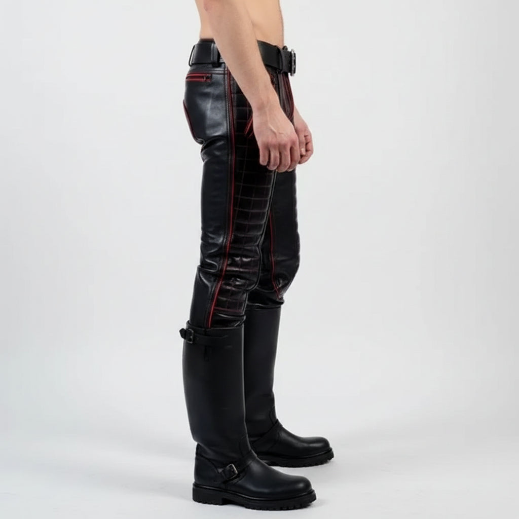 Handmade Men's Black Leather Fashion Pants with Red Stripes