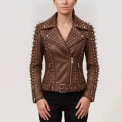 Women's Brown Studded Leather Biker Jacket — Acreley