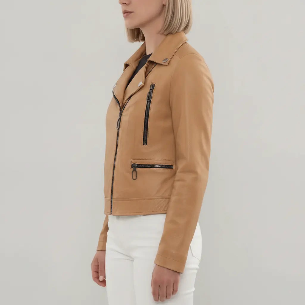 Women's Tan Quilted Leather Biker Jacket — Colgrave
