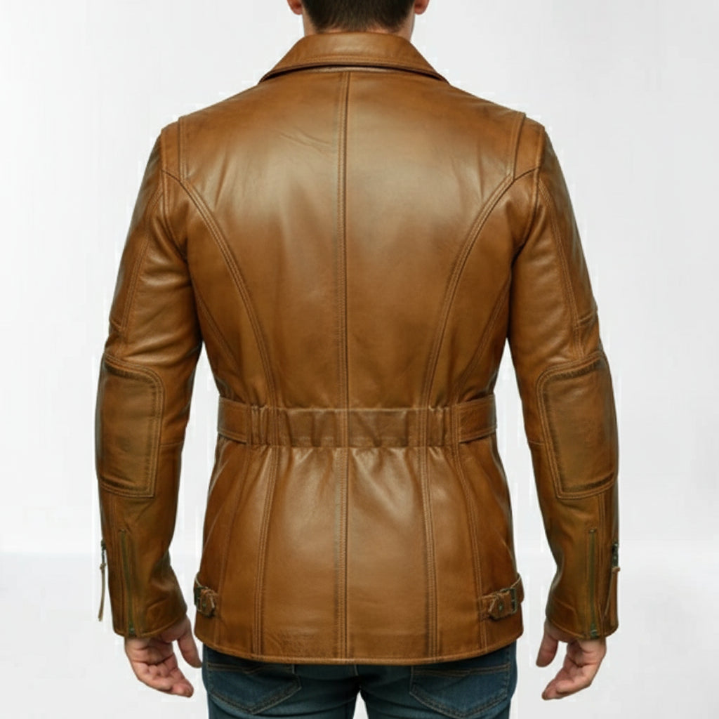 Handmade Men Antique Brown Coat Style Belted Leather Jacket with Multiple Pockets