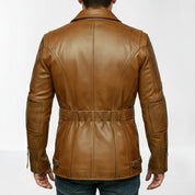 Handmade Men Antique Brown Coat Style Belted Leather Jacket with Multiple Pockets