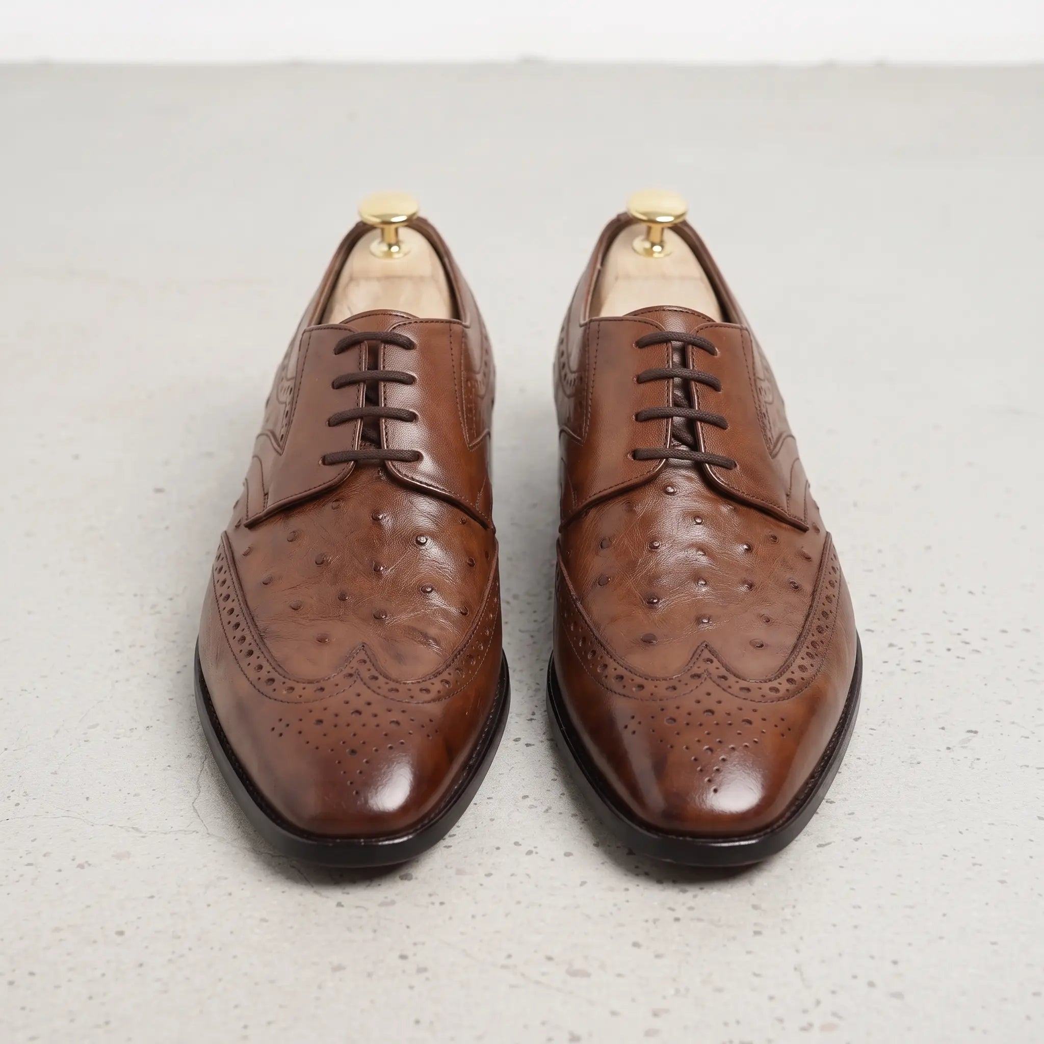 Men's Brown Ostrich-Embossed Leather Wingtip Derbys — Farnell