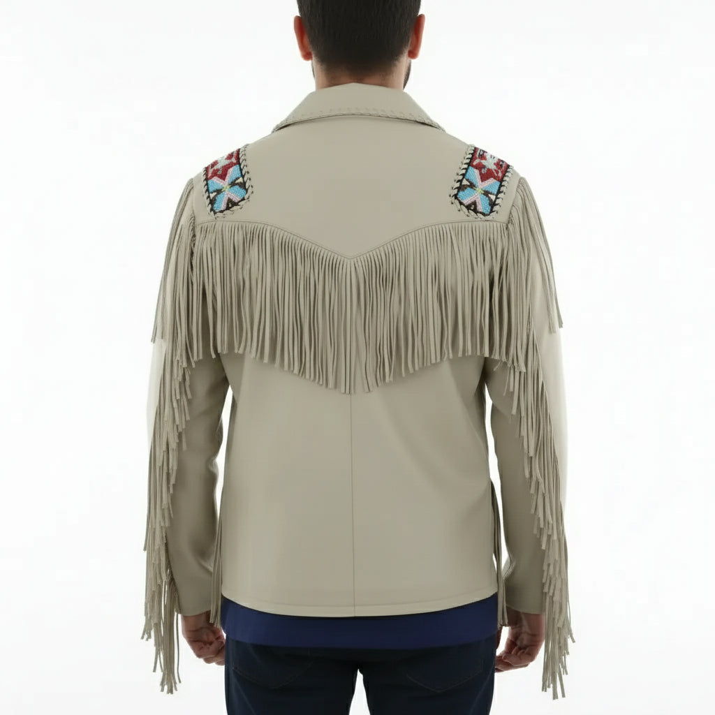 Men's Beige Beaded Fringe Western Cow Suede Leather Jacket