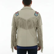 Men's Beige Beaded Fringe Western Cow Suede Leather Jacket