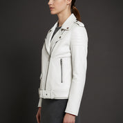 Women's White Biker Lambskin Leather Jacket