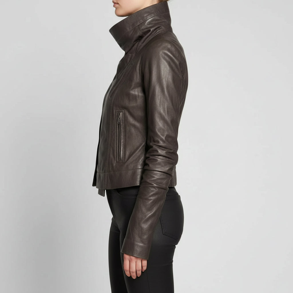 Handmade Women's Brown Wide Collar Leather Jacket
