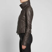 Handmade Women's Brown Wide Collar Leather Jacket