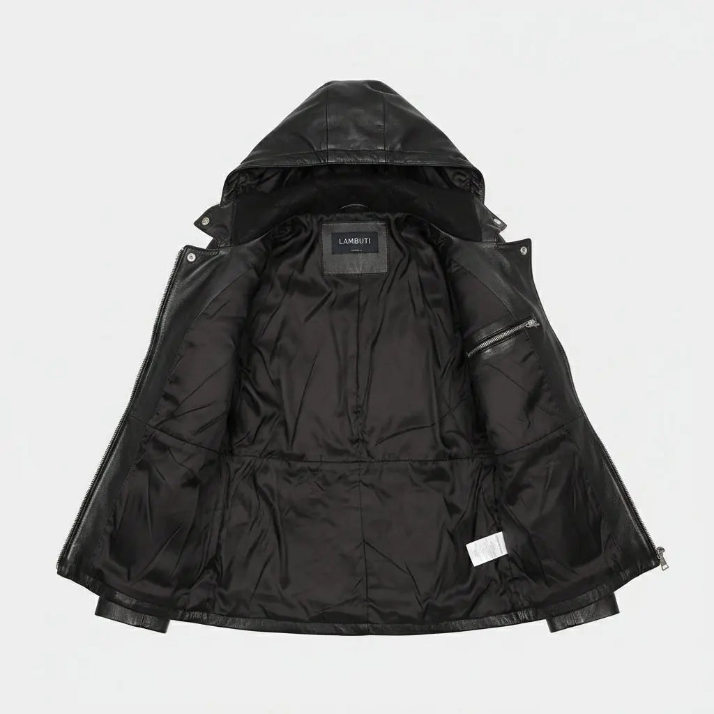 Women's Black Hooded Leather Jacket — Strode
