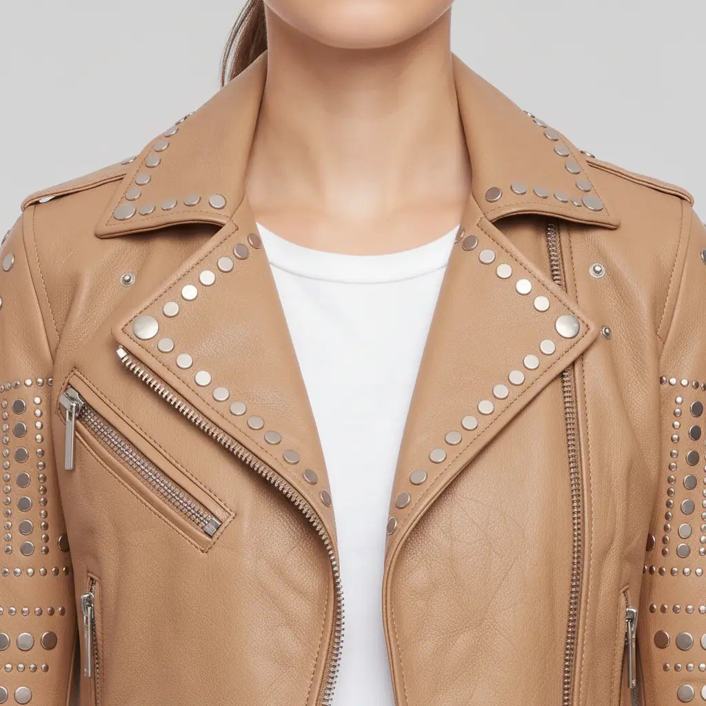Women's Tan Studded Leather Biker Jacket — Watson