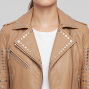 Women's Tan Studded Leather Biker Jacket — Watson