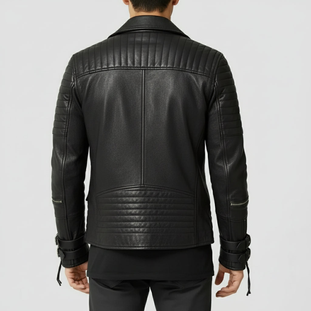 Men's Handmade Black Biker Leather Jacket with Multi Pockets