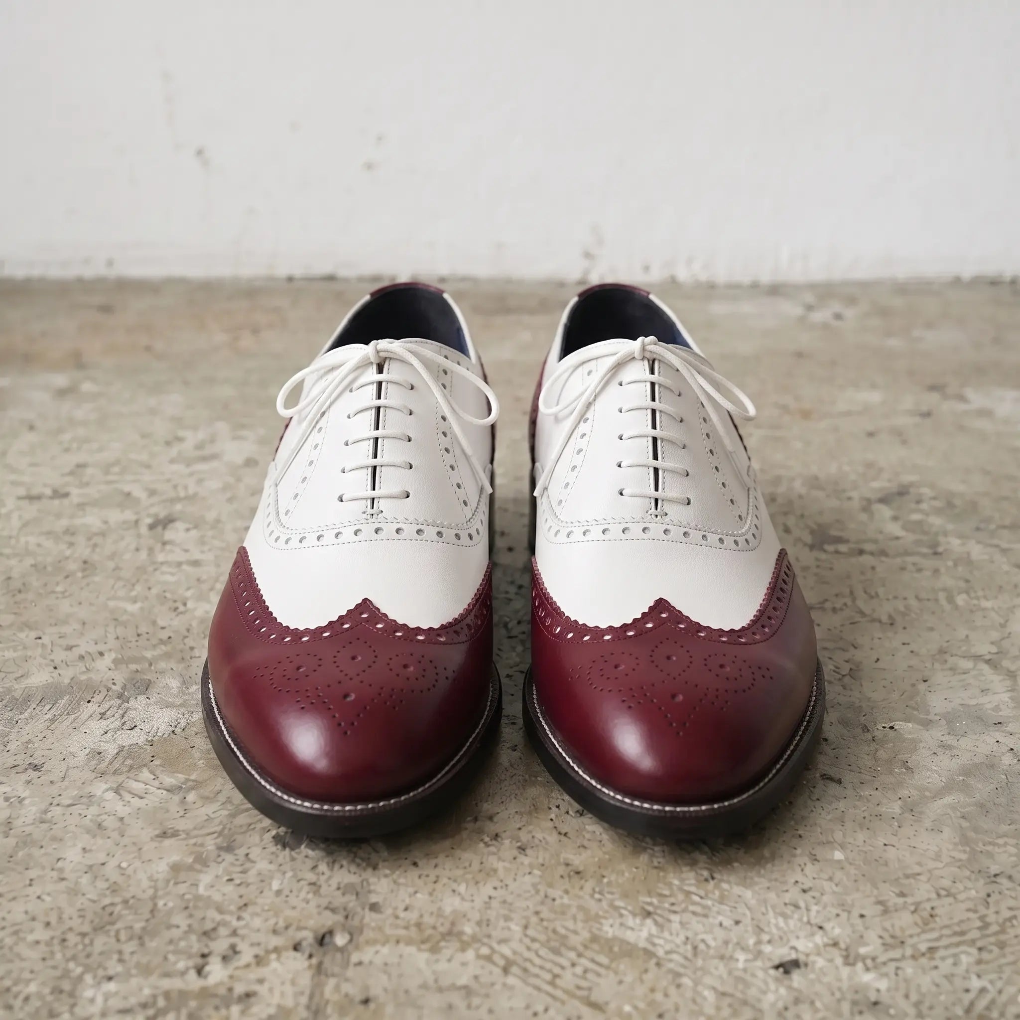 Men's Burgundy and White Two-Tone Wingtip Leather Oxfords — Gunnell