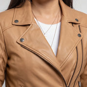 Women's Tan Asymmetric Zip Leather Biker Jacket — Braidwood