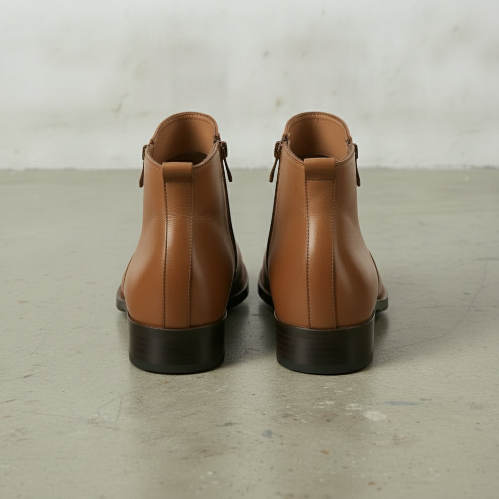 Men's Tan Plain-Toe Leather Ankle Boots