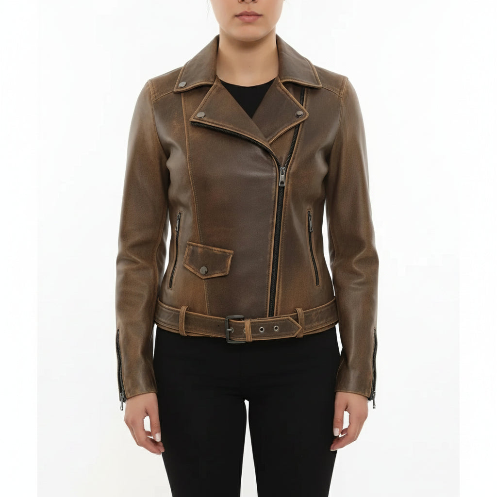 Women's Brown Leather Biker Jacket — Cunliffe