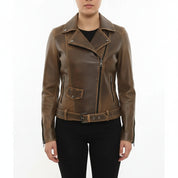Women's Brown Leather Biker Jacket — Cunliffe