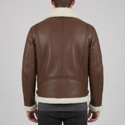 Men's Brown Pebbled Leather Shearling-Lined B-3 Bomber Jacket — Cromer