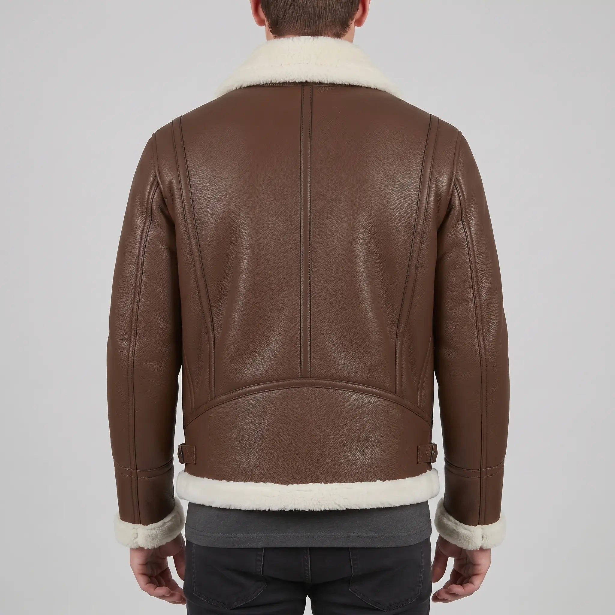 Men's Brown Pebbled Leather Shearling-Lined B-3 Bomber Jacket — Cromer
