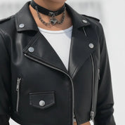 Women's Black Cropped Leather Biker Jacket — Lapford
