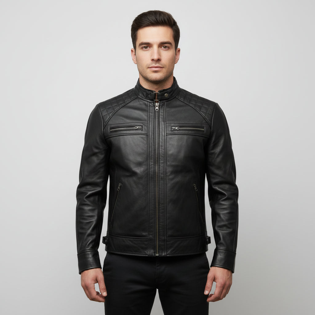 Handmade Men Black Biker Leather Jacket, Men's Stylish Black Sheep Leather Biker Jacket