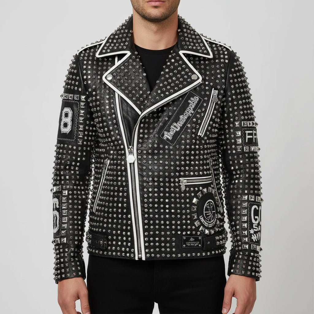 Men's Black Diamond Studded Brando Lapel Collar Leather Motorcycle Jacket