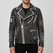 Men's Black Diamond Studded Brando Lapel Collar Leather Motorcycle Jacket