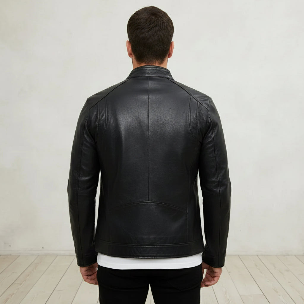 Men's Slim Fit Black Leather Jacket, Genuine Biker Coat