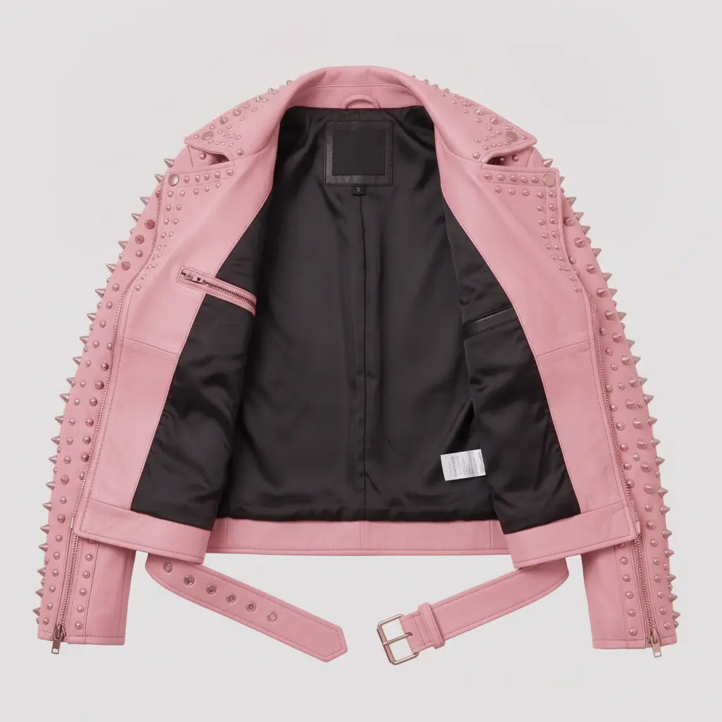 Women's Pink Studded Leather Biker Jacket — Acreley