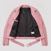 Women's Pink Studded Leather Biker Jacket — Acreley