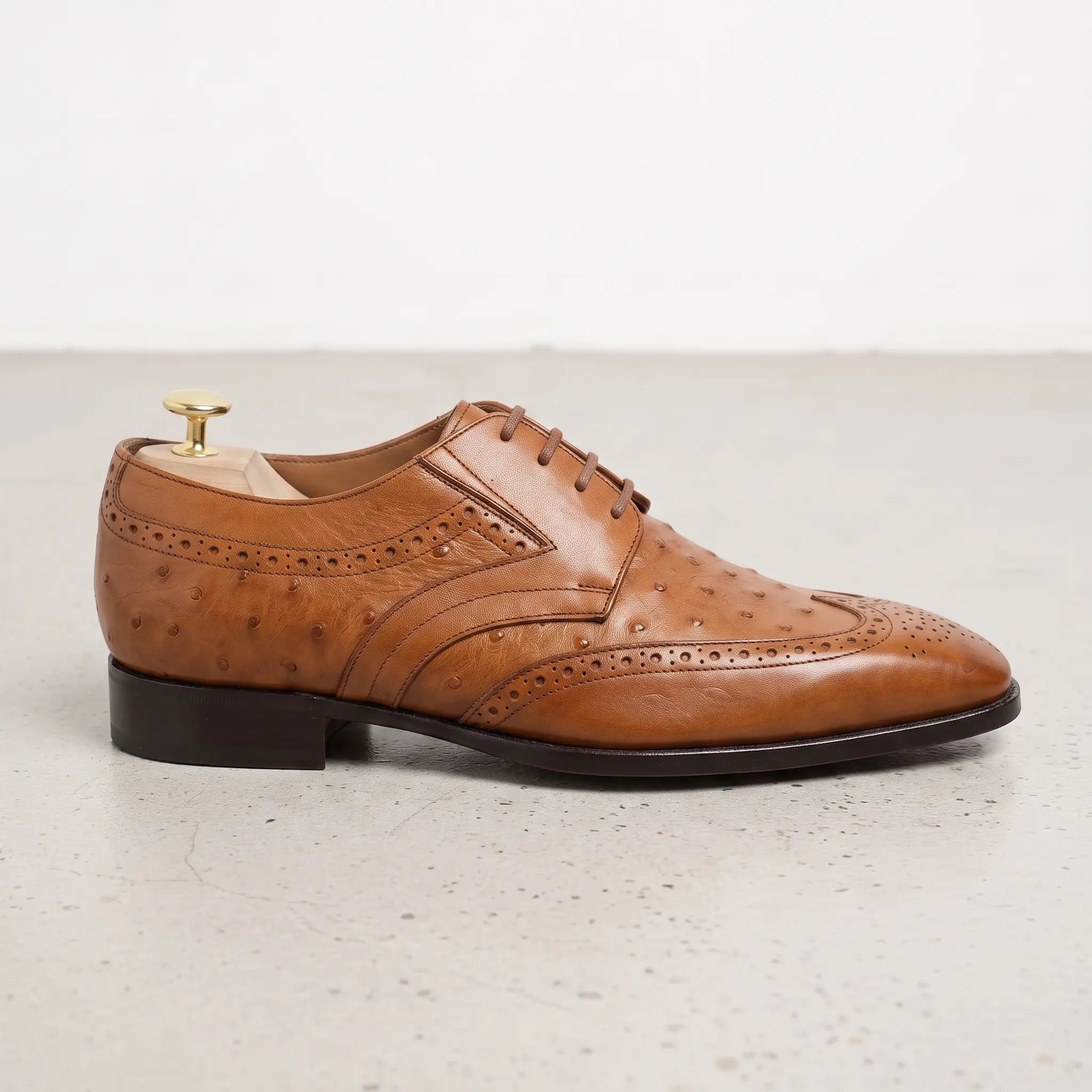Men's Tan Ostrich-Embossed Leather Wingtip Derbys — Farnell