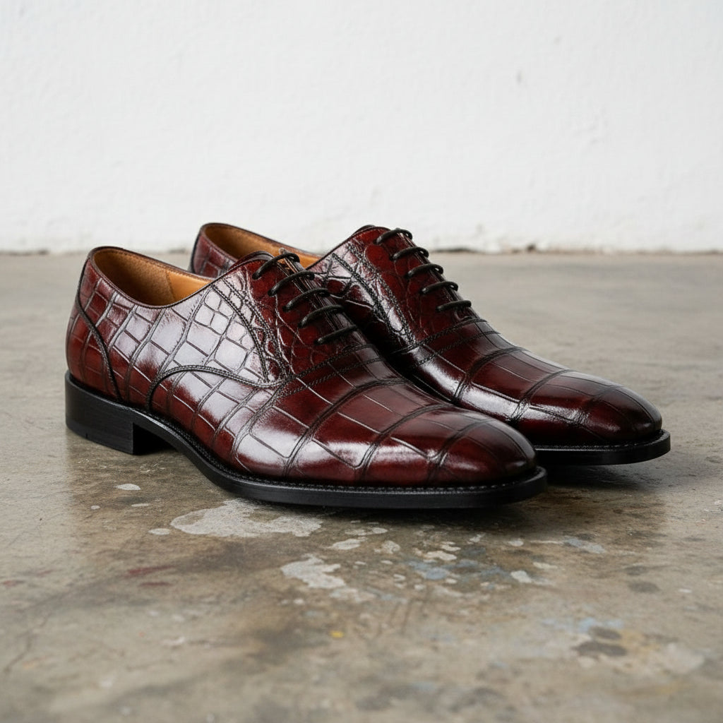 Elegant Men Maroon Lace Up Crocodile Texture Leather Almond Toe shoes - angle-view-showing-depth