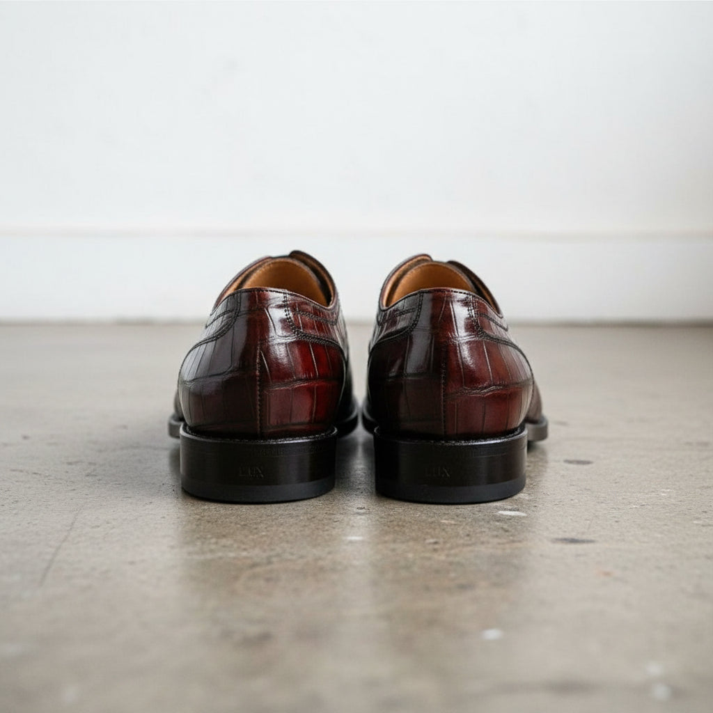 Elegant Men Maroon Lace Up Crocodile Texture Leather Almond Toe shoes - back-view