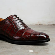 Elegant Men Maroon Lace Up Crocodile Texture Leather Almond Toe shoes - detail-view-showing-texture