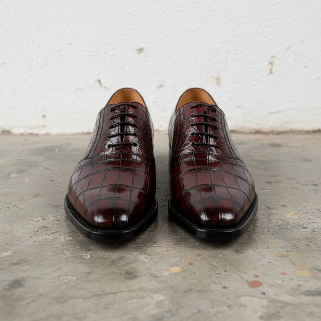 Elegant Men Maroon Lace Up Crocodile Texture Leather Almond Toe shoes - front-view