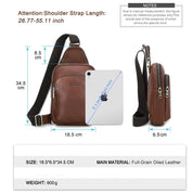 Men's Vintage Leather Crossbody Chest Bag, Handmade Genuine Leather Multi-Zippered Bag