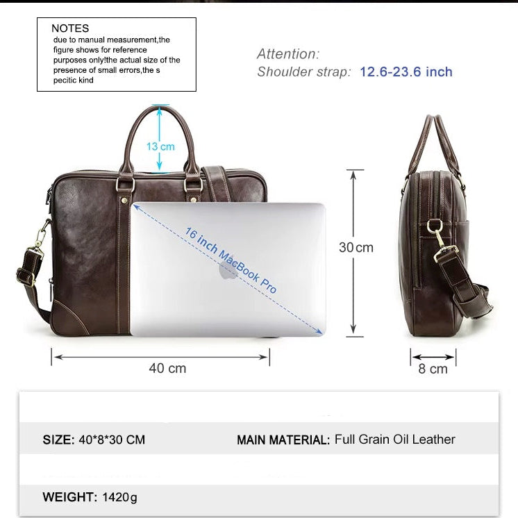 Genuine Leather Laptop Briefcase & Messenger Bag for Men - 16" Crossbody Bag for Professionals