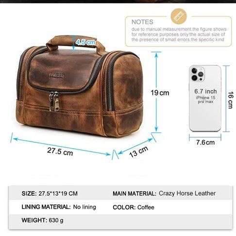 Men’s Leather Dopp Kit, Travel Toiletry Organizer & Grooming Bag