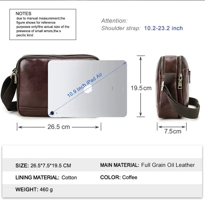 Leather Sling Messenger Bag for Men with Double Zipper