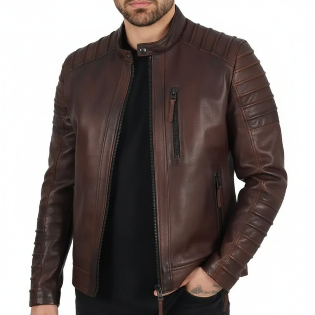 Handmade Mens Brown Leather Jacket, Brown Quilted Genuine Lambskin Biker Jacket