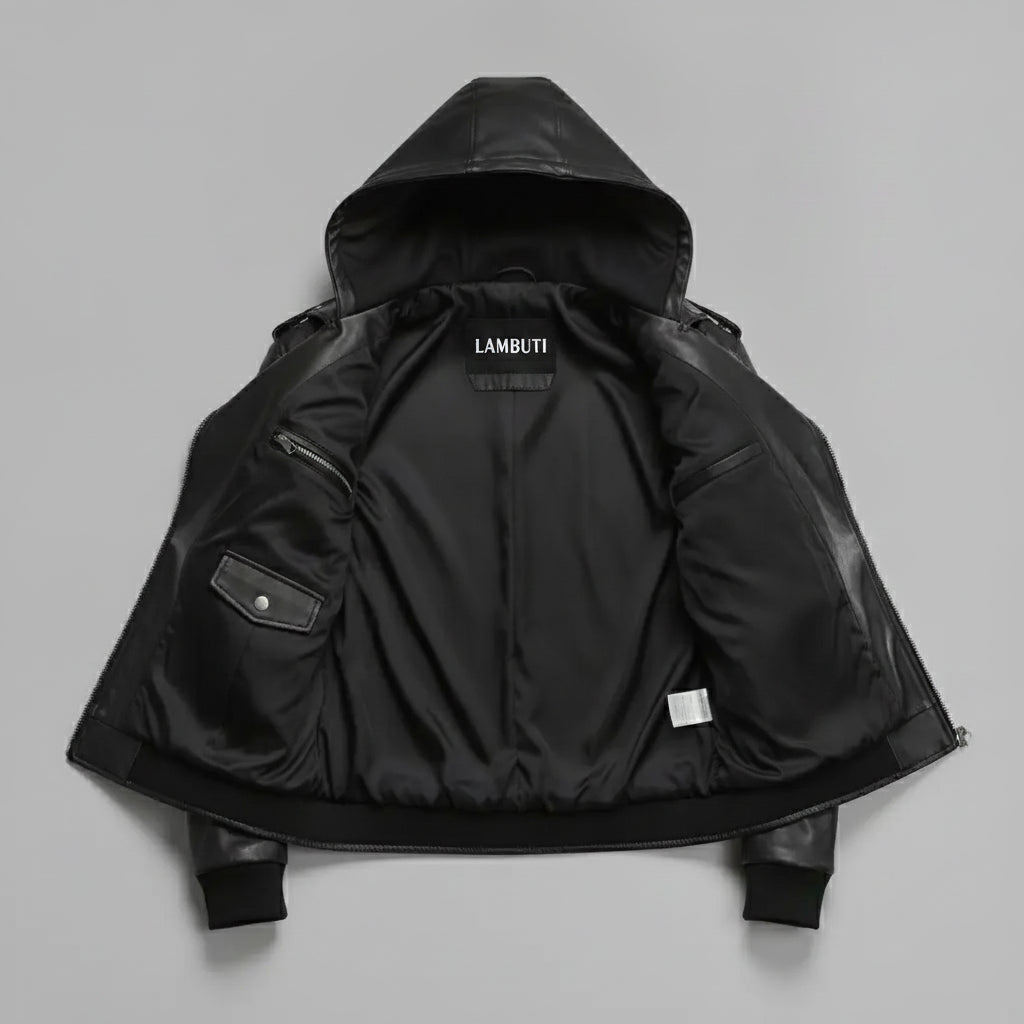 Men's Black Hooded Leather Biker Jacket