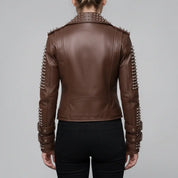 Women's Brown Studded Leather Biker Jacket — Fritton