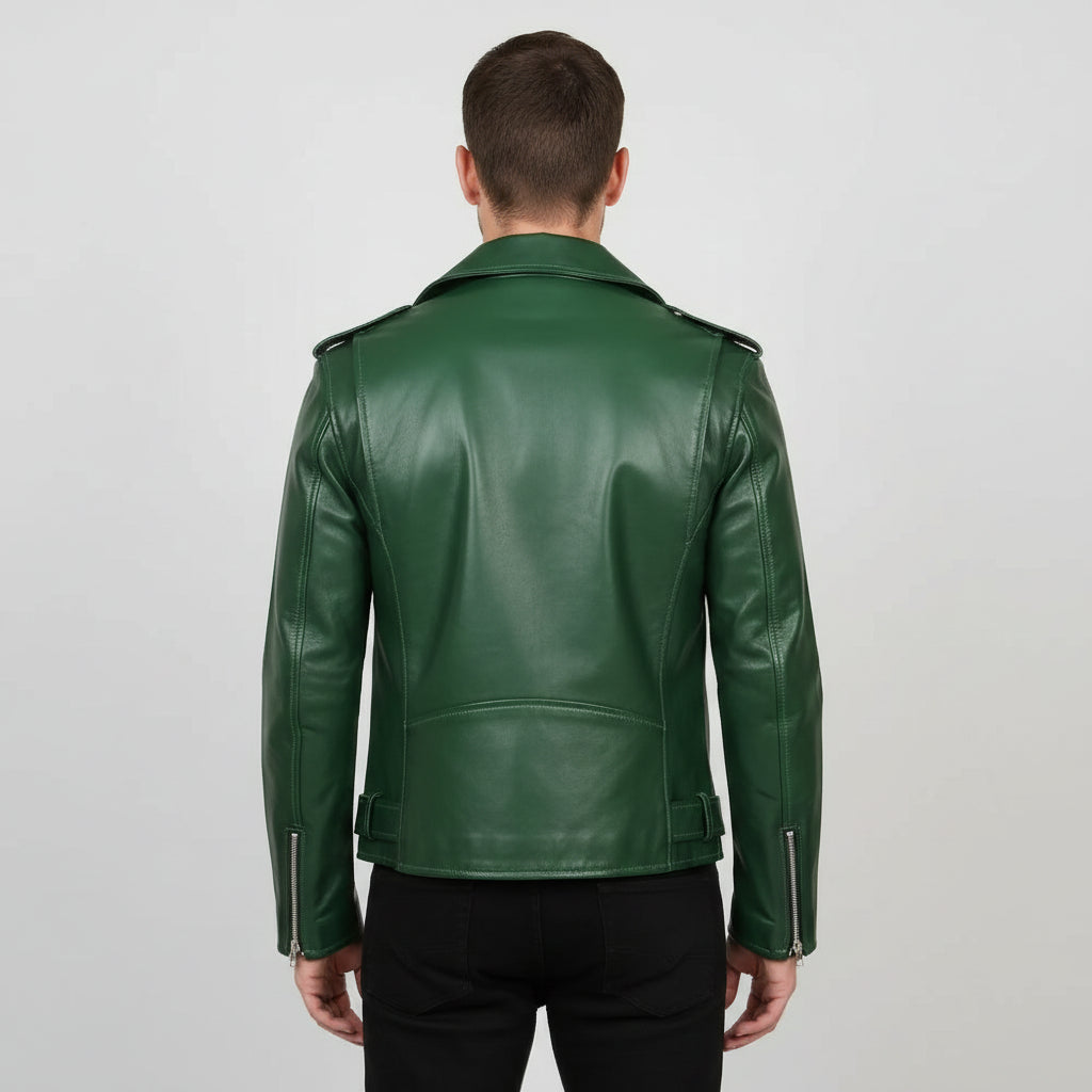 Handmade Men Green Biker Leather Jacket, Green Belted Motorcyle Jacket for Men