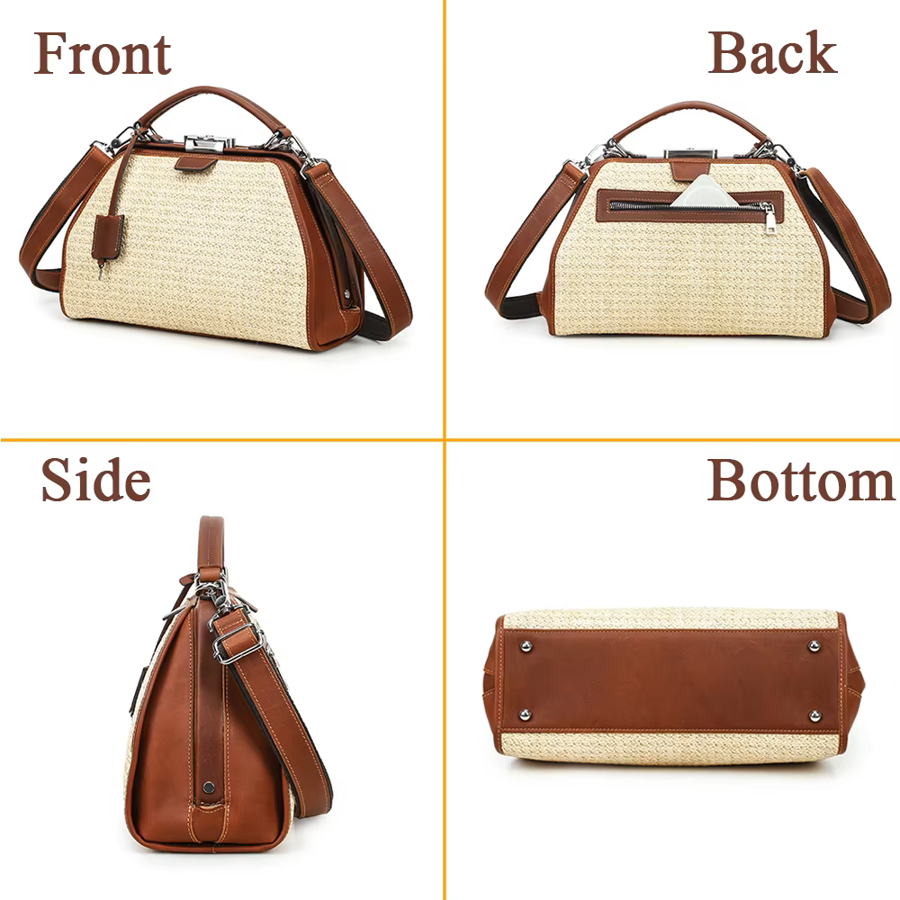 Women's Beige Woven Cognac Leather Trim Satchel Crossbody Bag