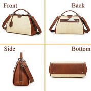 Women's Beige Woven Cognac Leather Trim Satchel Crossbody Bag